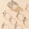 Cluster Ringen 8 stks/sets Vintage Zilveren Kleur Blad Ring Sets Voor Vrouwen Glanzende Strass Holle Hart Bloemen Sieraden Accessoires 16699