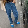 Shijia Tasche a vita alta Pantaloni in denim femminile Jeans vintage chic lunghi fino al pavimento Pantaloni larghi da donna a gamba larga blu