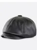 Britse Man Lederen Achthoekige Hoed Middelbare leeftijd en Ouderen Winter Outdoor Warm PU sboy Cap Heren Schilder Baret 240229