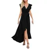 Casual Dresses V Neck Sexig Slit Festive Party Dress Solid Color A-Line Maxi For Women Summer Short Sleeve Elegant Evening