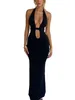 Vestidos casuais feminino sem mangas halter profundo decote em v vestido longo lateral cintura recorte sem costas bodycon maxi