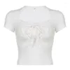 T-shirts Femmes QWeek Y2K Sexy Blanc Dentelle Crop T-shirt Femmes Coquette Coréenne Slim Basic Kawaii Mignon Wrap Cropped Top 2024 Printemps Mode