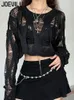 Geperforeerde uitgeholde gebreide blouse zonnebrandcrème lange mouw top gothic donkerzwart sexy dunne trui dames zomer chique crop tops 240219