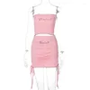Casual Dresses Sexig Diamond Pink Tight Vest Lace Up Drawstring Hip Miniskirt Slim Fit Two Piece Set