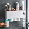 Acessórios do banheiro conjunto organizador titular escova de dentes automático dispensador de pasta de dentes titular montagem na parede rack ferramentas conjunto 240226