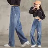 2023 moda meninas jeans para menina adolescente roupas elásticas de cintura alta denim calças largas perna outono crianças calças retas 240227