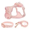 Arreios luz rosa duplo cão trela pvc confortável arnês de cão ajustável cinta peito conjunto de três peças coleiras arreios trelas
