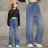 2023 moda meninas jeans para menina adolescente roupas elásticas de cintura alta denim calças largas perna outono crianças calças retas 240227