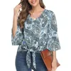 Women's Blouses Vintage V Neck Three Quarter Sleeve Shirt Blouse Women Elegant Flared Bow Tie Casual Loose Summer Top