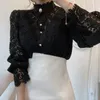 Womens Elegant Embroidery Lace Blouses Flower Petal Sleeve Hollow Out Stand Collar Tunic Spring Solid White Shirt Top For Women 240219