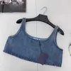 Dames T-shirt designer merk 2024 vroege lente nieuwe Nanyou Pra Triangle decoratieve enzymwas nostalgische denim korte tanktop AEZN