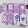 Women Socks Purple/White Big Love Flower Lattice Cute Girl Mid-tube Kawaii Student Sport JK Lolita Simple Fashionable