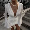 Robes décontractées Nadafair mousseline de soie col en V profond évasé à manches longues coupe slim mini robe sexy femmes printemps fête club noir blanc élégant