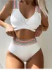 Maillots de bain pour femmes Taille haute Bikini Femmes Solide Blanc Rianbow Strap Push Up Cross Bandage Maillot de bain Beach Maillot de bain Bikinis Set 2024