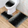 Toilet Seat Covers Shiny Silver Glitter Black 3 Piece Bathroom Rugs Set Bath Rug Mat And Lid Cover