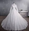 Images réelles robes de mariée 2024 nouveauté col haut dentelle appliques robes de mariée manches longues fermeture éclair avec boutons couverts robes de mariée