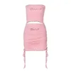 Casual Dresses Sexig Diamond Pink Tight Vest Lace Up Drawstring Hip Miniskirt Slim Fit Two Piece Set