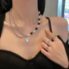 Collares colgantes 2024 Moda Negro Blanco Perlas Costura Cadena Collar para Mujeres Corazón Cristal Gargantilla Hip Hop Dulce Chica Joyería Regalo