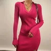 YuooMuoo Autumn Winter Knit Rib Wrap Midi Pencil Dress for Women Streetwear Korean Long Sleeve Bodycon Split Sweater Party Dress 240228