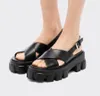 2024 Triangel Buckle Black Women's Black White Wedge Sandal Monolith Platform Sandaler Slingback Leather Shoes Borsted Luxury Designer Lady Cool Shoes 35-42Box