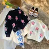 2-7T Floral Bordado Suéter Cardigan Outono Meninas Roupas Bebê Suéter Crianças Malhas Manga Longa Algodão Bebê Pulôver Tops 240223