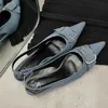 Fashion Pumps Low Heel Slides Ladies Shoes Pointed Toe Black Female Sandals Shallow Metal Buckle Women Heeled Denim Shoes 240219