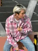 Gilet da uomo MamaHasGun California Street Retro Rosa Viola Plaid Tessuto sciolto Camicia a maniche lunghe stampata anni '90