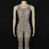 Stage Wear Silver Rhinestones Lace Printed Sleeveless Stretch Jumpsuit Birthday Prom Celebrate Outfit Bar Club Party Leotard Costume