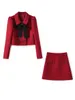 Zjyt Red Bowknot Tweed Woolen Jacket and Skirt Suit 2ピースレディースアウトフィット秋の冬エレガントなミニクリスマスパーティードレスセット240223