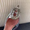 Амина Муадди Камелия с кристаллом из ПВХ насосы Spool Stiletto каблуки сандалии женские роскошные дизайнеры.