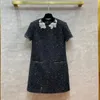 Milan runway vestido 2024 preto/branco tripulação pescoço mangas curtas cristais finos lantejoulas strass vestidos longos férias de festa 3025