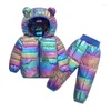 Kläder sätter barn 2024 vinter baby pojke varm tecknad björn huva ner jackor byxor flickor pojkar snöar rockar skiddräkt
