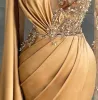 Aso Ebi Arabic Gold Mermaid Sexiga aftonklänningar Beaded Crystals Prom Dresses High Split Formal Party andra mottagningsklänningar