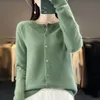 100% Merino Wool Clothing Womens Round Neck Cardigan Casual Loose Knit Top Spring and Autumn Fashion 240227