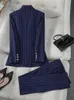 Moda S8XL Ofis Bayanlar Resmi Pantolon Takım Seti Kadın Mavi Çizgili Kadın İş İş Giyim 2 Parça Blazer Ceket ve Pantolon 240226