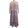 Casual Dresses Women Spring Dress Bohemian Maxi med blommuttryck a-line Shirring för sommar mjuk runda nacke lapptäcke