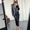 Arbeitskleider Clacive Mode Schwarze Pu-Lederrock-Sets Für Frauen 2 Stück Elegante Langarm-Blazer Mit Hoher Taille Röcke Anzüge