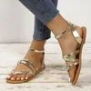 Sandalen Goud Enkelbandje Gladiator Voor Vrouwen Clip Teen Platte Vrouw Zomer 2024 Romeinse Stijl Strand Schoenen Plus Size 43