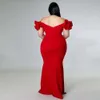 Plus Size Avondjurk Elegante Dame Ruche Rood Zwart Sexy Backless Grote Maten Dames Feest Formele Maxi Lange Jurken Zomer 240228