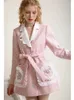 女性用の甘いピンクスーツブレザージャケット秋と冬のレースデザインツイードウエストスリミングミッドレングスドレス女性240226