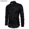 Sexy Black Feather Lace Shirt Men Fashion See Through Clubwear Dress Shirts Mens Event Party Prom Transparent Chemise S-3XL 240228