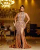 2024 Plus Size Árabe Aso Ebi Ouro Luxuoso Sereia Vestidos de Baile Frisado Cristais Noite Festa Formal Segunda Recepção Aniversário Vestidos de Noivado Vestido