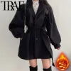 Trench TRAF FANS 2023 femme mode Vintage avec ceinture Trench laçage taille lanterne manches petit manteau de couette Y2k automne hiver noir