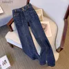 Jeans femininos jeans azul split flare primavera cintura chão varrendo calças jeans 240304