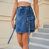 Jupes Mode Bleu Profond Cargo Denim Jupe Femmes Été Couleur Unie Taille Haute Bandage Avec De Grandes Poches Mini Vêtements De Rue