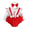 Conjuntos de roupas de Natal Romper para meninas infantis Ruffles Manga Longa Xadrez Papai Noel Imprime Bowknot Born Bodysuits Headbands Set Xmas Gift