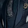 Men's Suits Floral Jacquard Men Slim Fit 3 Piece Navy Blue Groom Tuxedo For Wedding Party Male Fashion Jacket Waistcoat Pants 2024