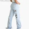 Jeans mit hoher Taille, zerfetzte Lochkanten, gerade Hose, Distressed Boyfriend-Jeans mit Rissen 240304