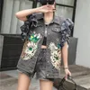 Women's Vests Spring Women Gray Short Denim Vest Sequin Cartoon Pattern Ruffles Splicing High Quality Mesh Sleeveless Waistcoat Streetwear