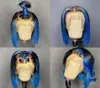 Perucas de renda destaque azul cabelo humano para mulheres peruca dianteira colorida brasileiro remy curto bob fechamento transparente 25751073613516